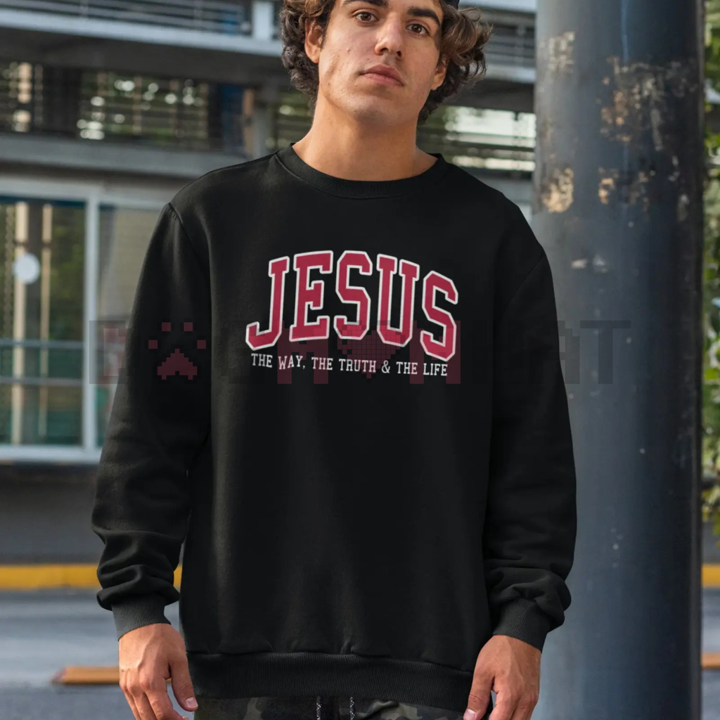 Black crewneck sweatshirt with Jesus graphic and faith text on front