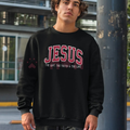 Black crewneck sweatshirt with Jesus graphic and faith text on front