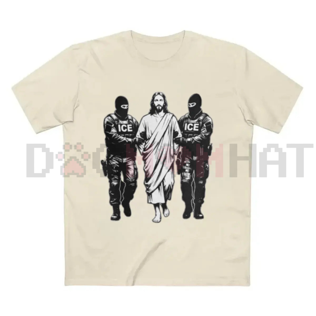 White T-shirt with graphic of three figures and a central robed figure