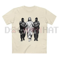 White T-shirt with graphic of three figures and a central robed figure