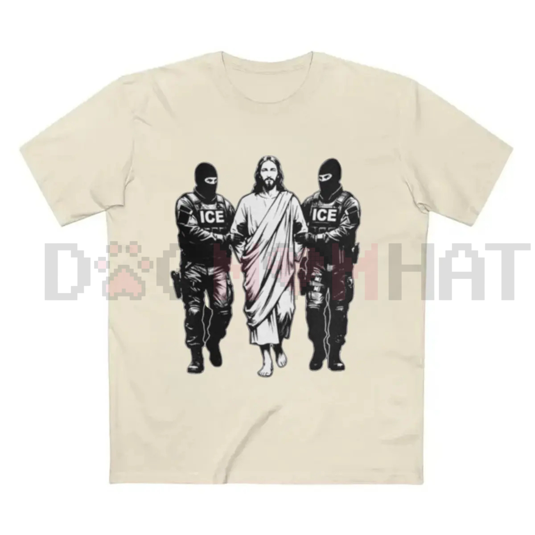White T-shirt with graphic of three figures and a central robed figure