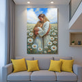 Jesus holding a child wall art canvas over a field of daisies