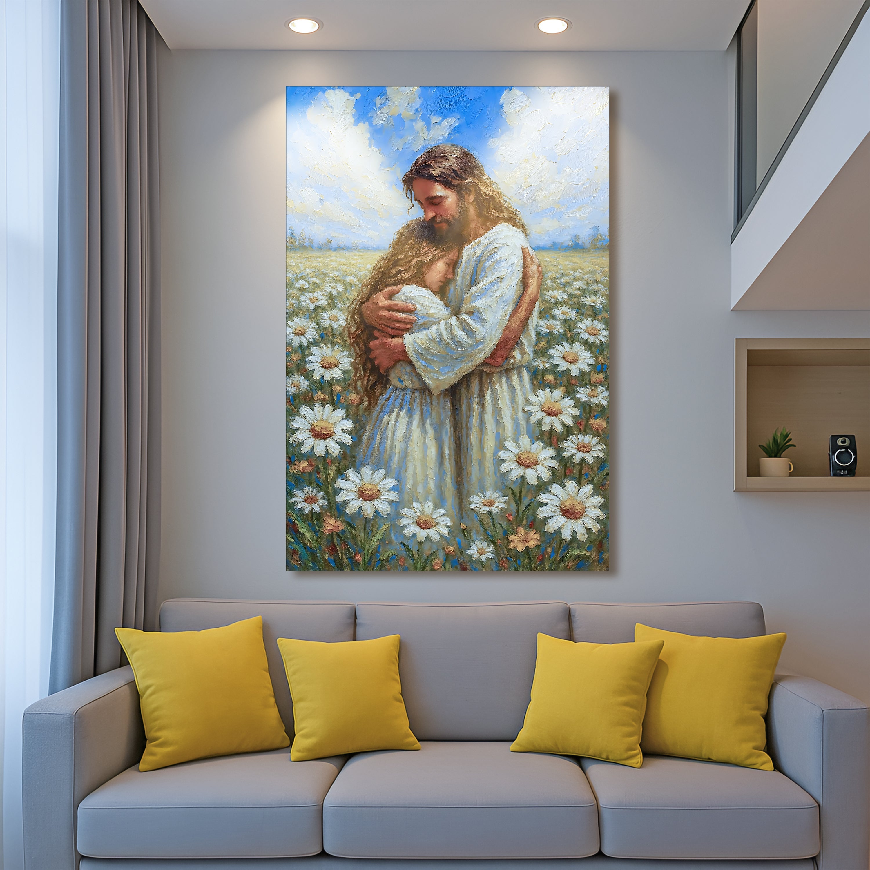 Jesus holding a child wall art canvas over a field of daisies