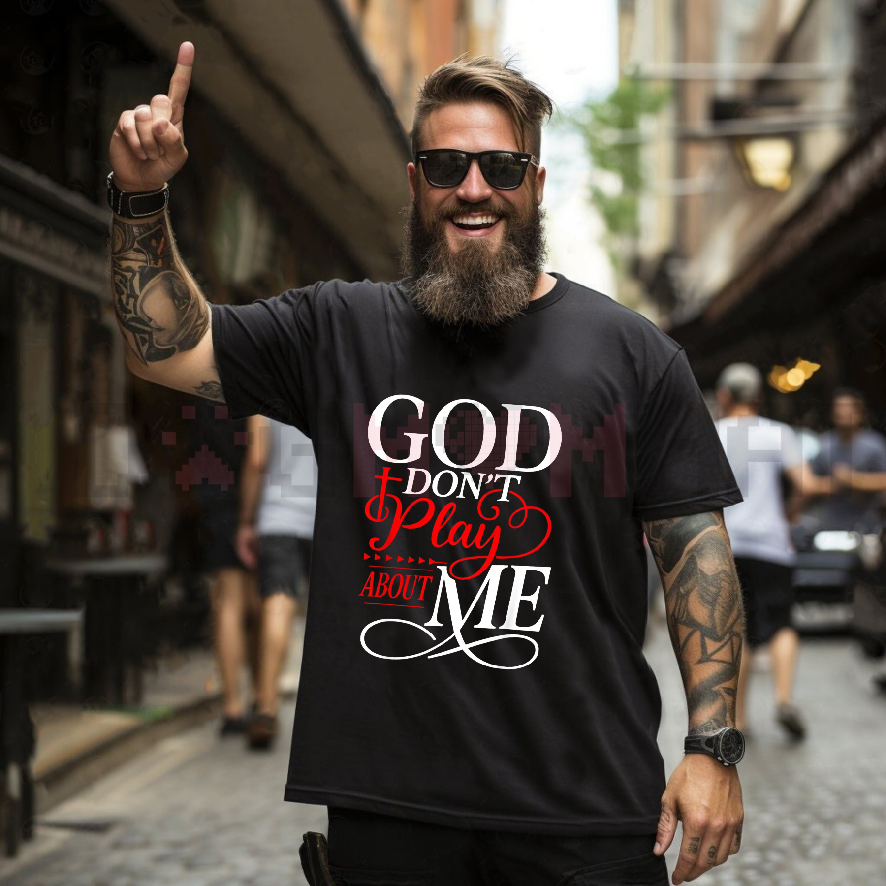 Black faith t-shirt with multicolor 'God don't play about me' slogan front graphic