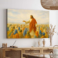 Faith wall art canvas of Jesus in an orange robe addressing a crowd