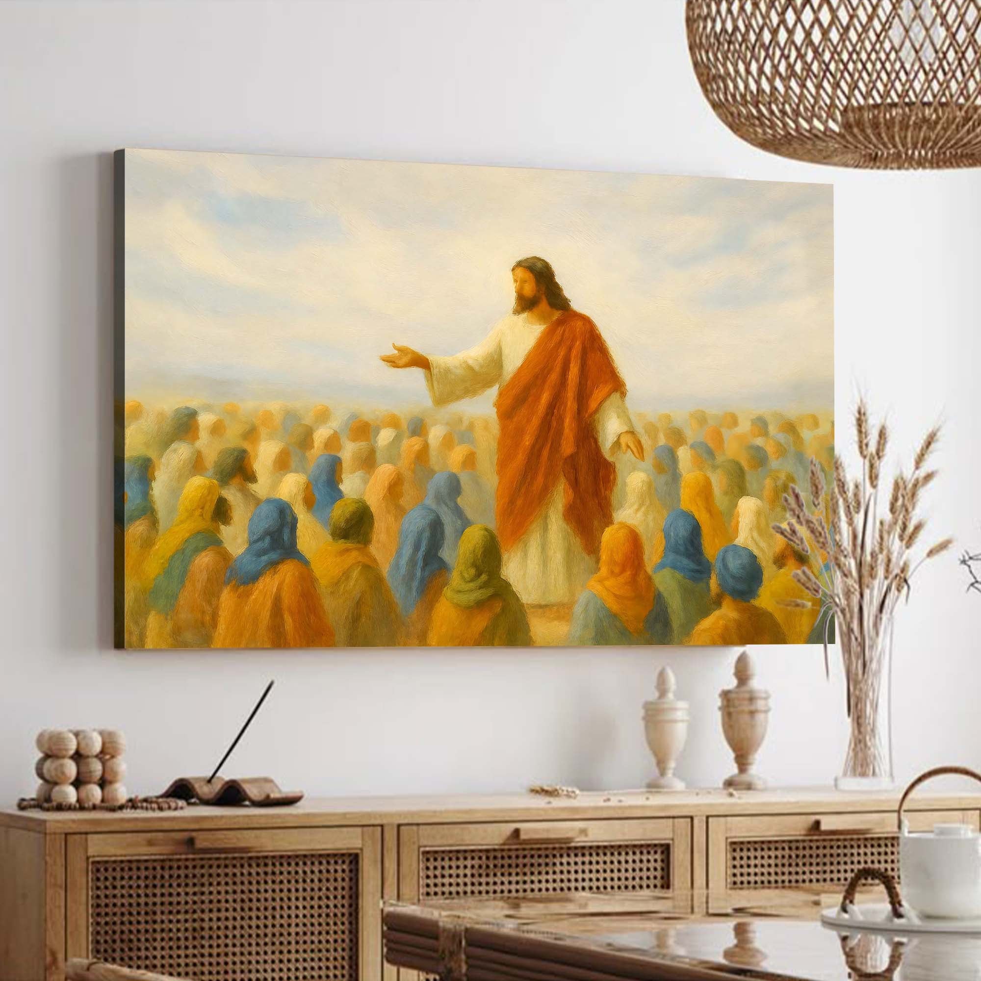 Faith wall art canvas of Jesus in an orange robe addressing a crowd