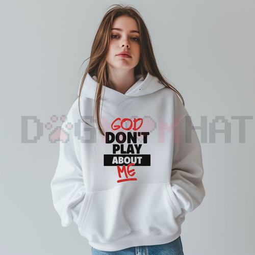 White hoodie with front graphic text, pullover hood and front kangaroo pocket