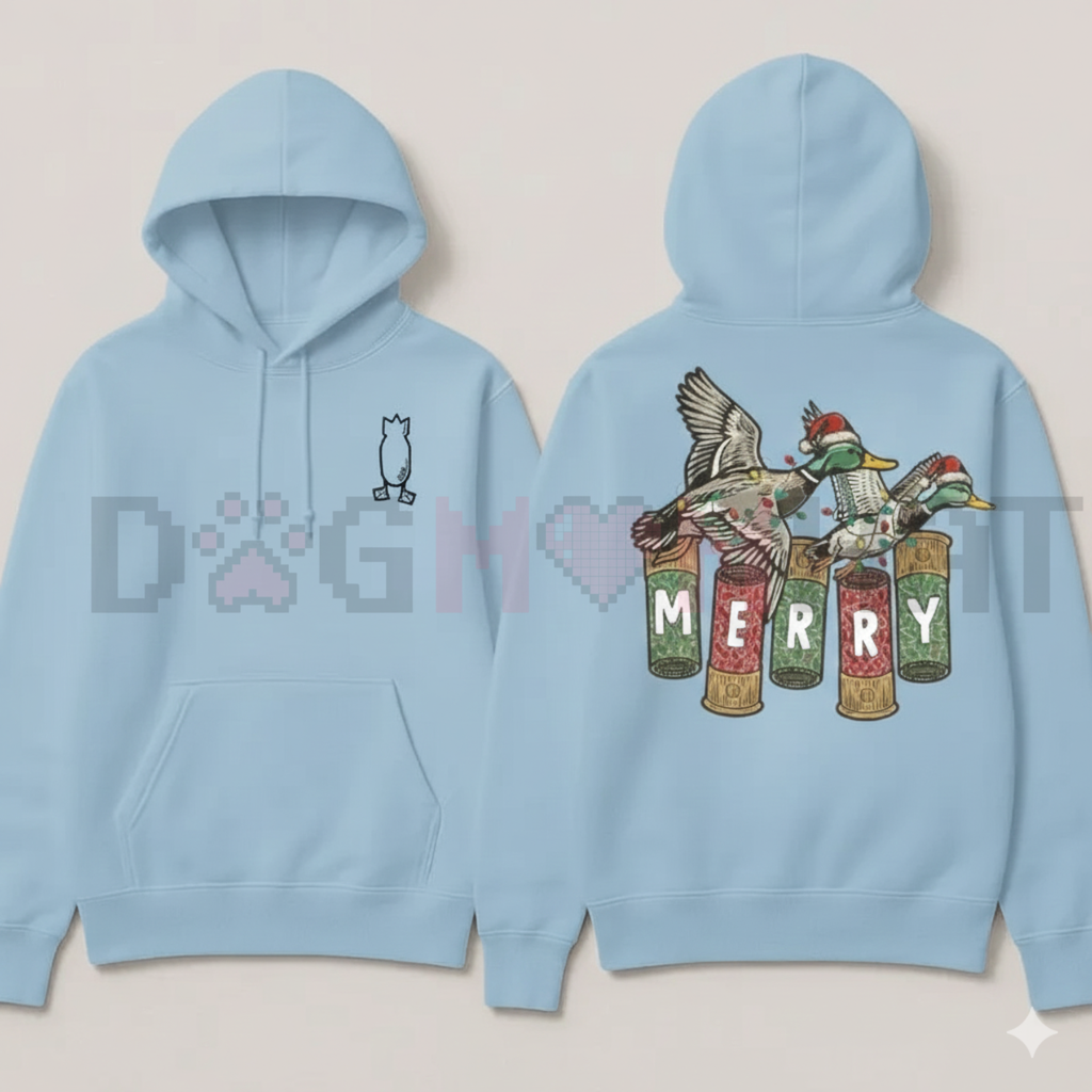 Light blue hoodie with cat logo front and Merry duck graphic back