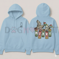 Light blue hoodie with cat logo front and Merry duck graphic back