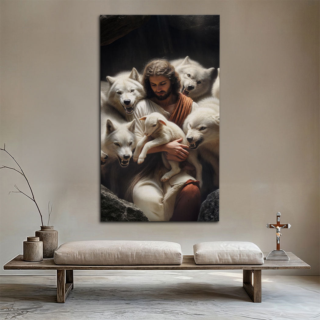 Canvas wall art of Jesus holding a lamb with wolves, displayed on a living room wall