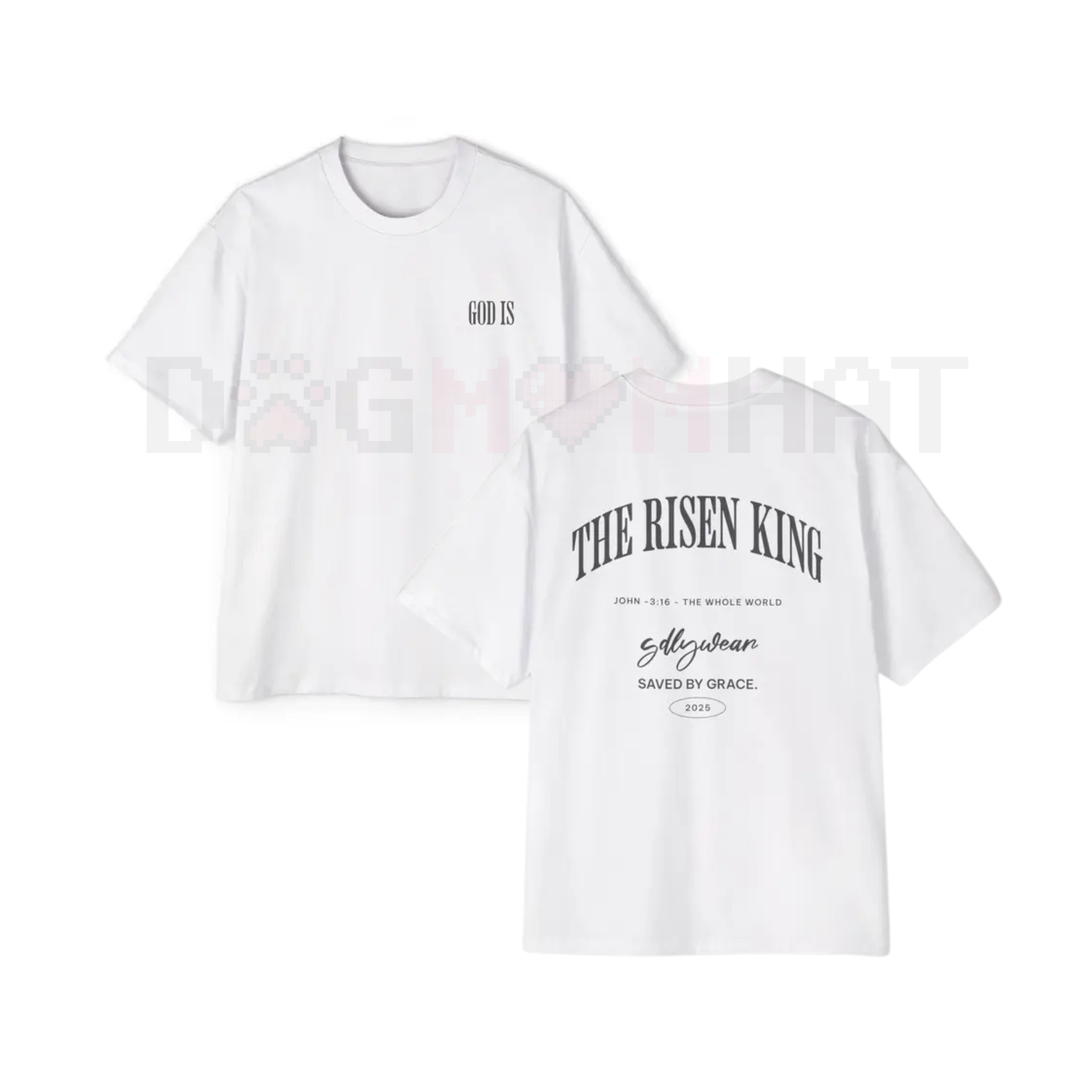 White crew-neck T-shirt with 'THE RISEN KING' Christian graphic front print