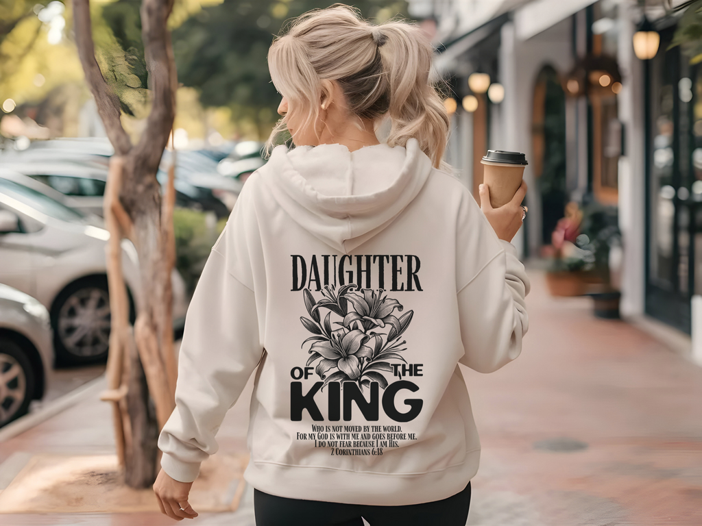 White hoodie with back “Daughter of the King” floral and crown graphic
