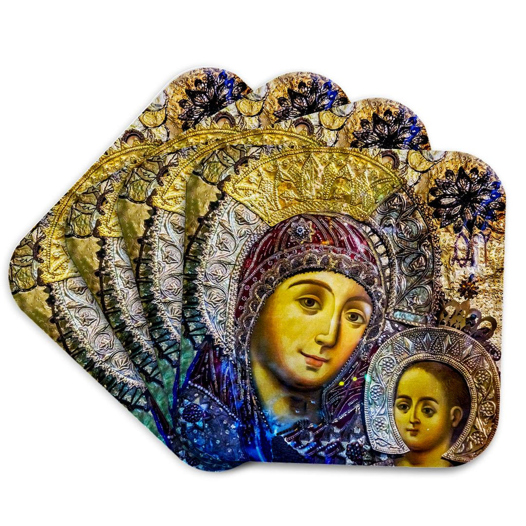 Set of heart coasters fanned out with Mary and Jesus icon artwork in gold and blue