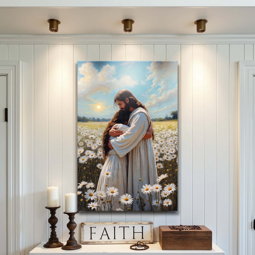 Faith wall art canvas: Jesus holding a woman in a daisy field beneath clouds