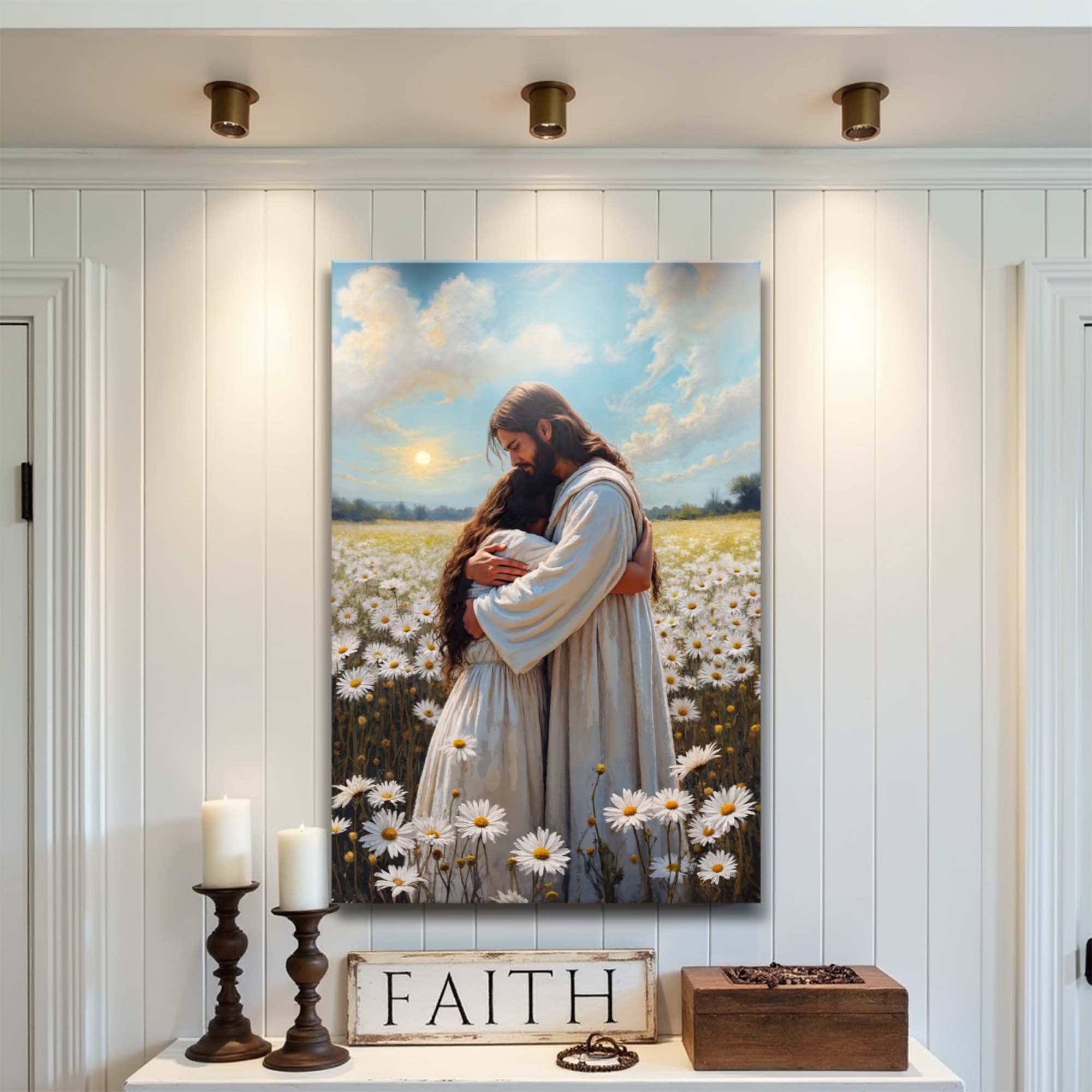 Faith wall art canvas: Jesus holding a woman in a daisy field beneath clouds