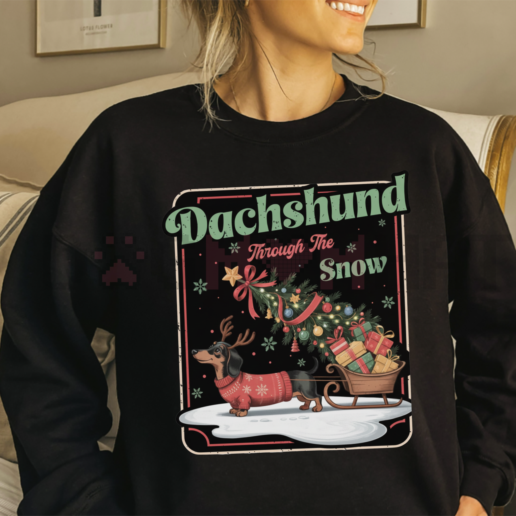 Black crewneck Christmas dog sweatshirt with graphic front
