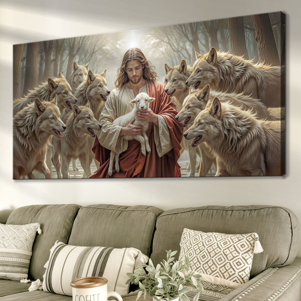 Christian wall art canvas: Jesus cradles a white lamb surrounded by wolves