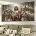 Christian wall art canvas: Jesus cradles a white lamb surrounded by wolves
