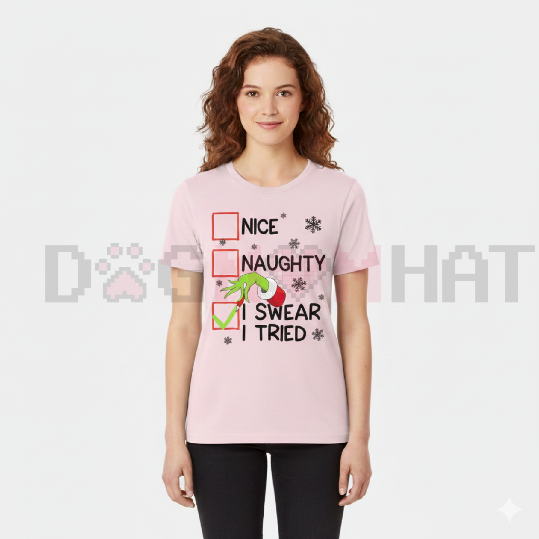 Light pink unisex Christmas graphic tee with Nice/Naughty and 'I Swear I Tried' text