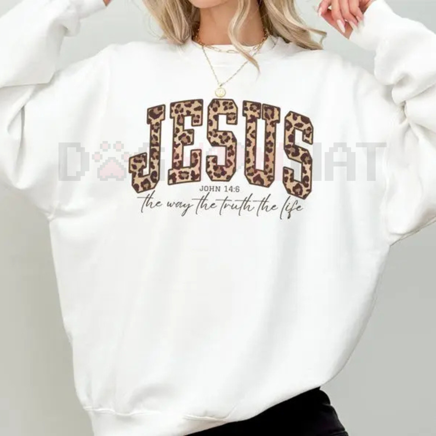 White Christian Jesus sweatshirt with leopard-print JESUS text and John 14:6 graphic