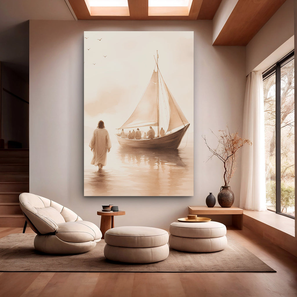 Faith-themed wall art canvas on wall with robed figure and sailboat reflected in water