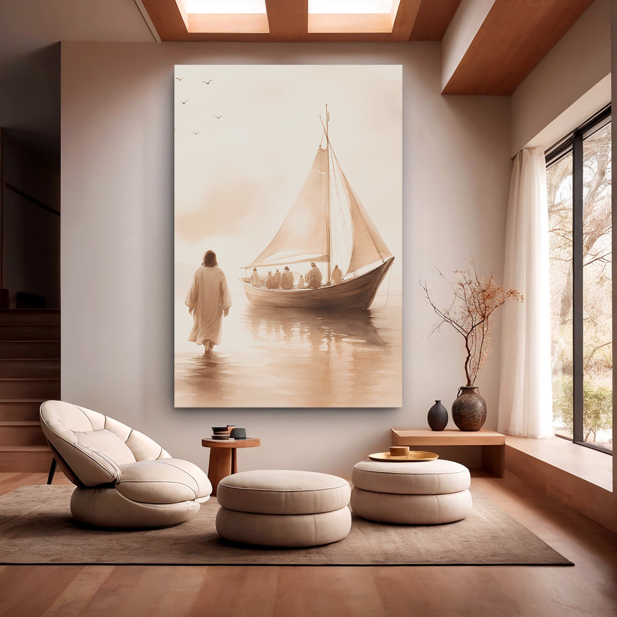 Faith-themed wall art canvas on wall with robed figure and sailboat reflected in water