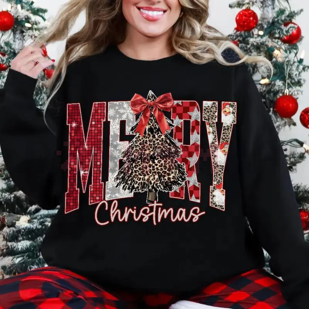 Black Merry Christmas sweatshirt with bow and leopard tree graphic, long sleeves