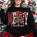 Black Merry Christmas sweatshirt with bow and leopard tree graphic, long sleeves