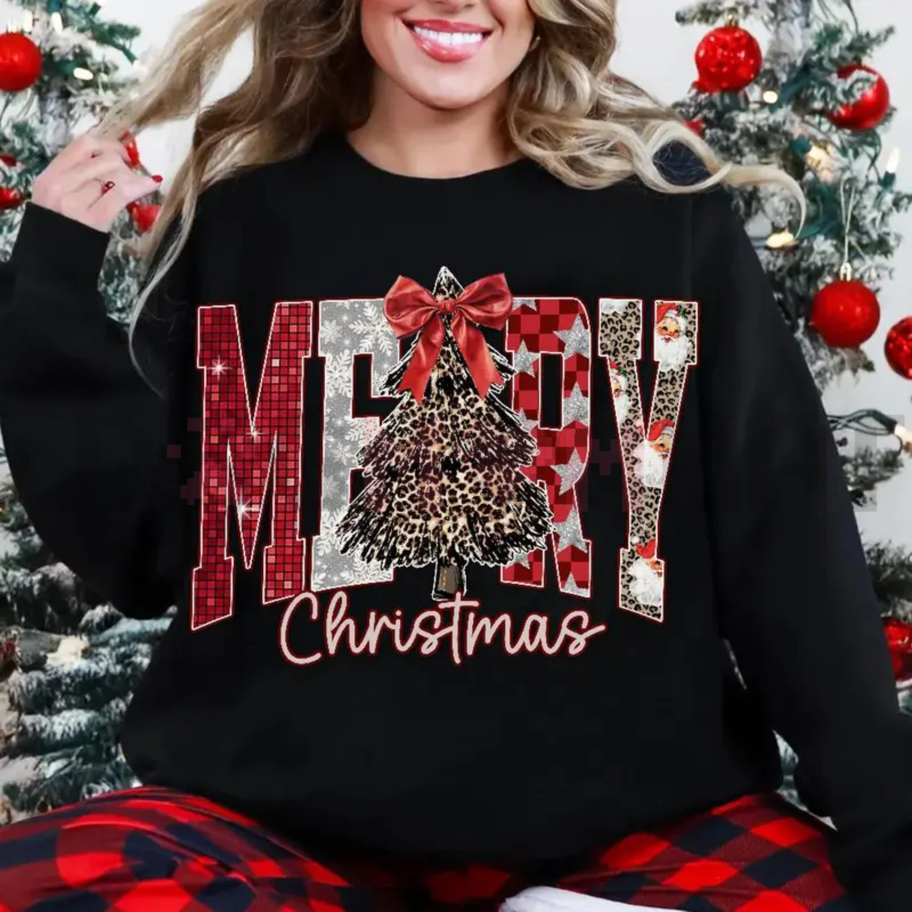 Black Merry Christmas sweatshirt with bow and leopard tree graphic, long sleeves