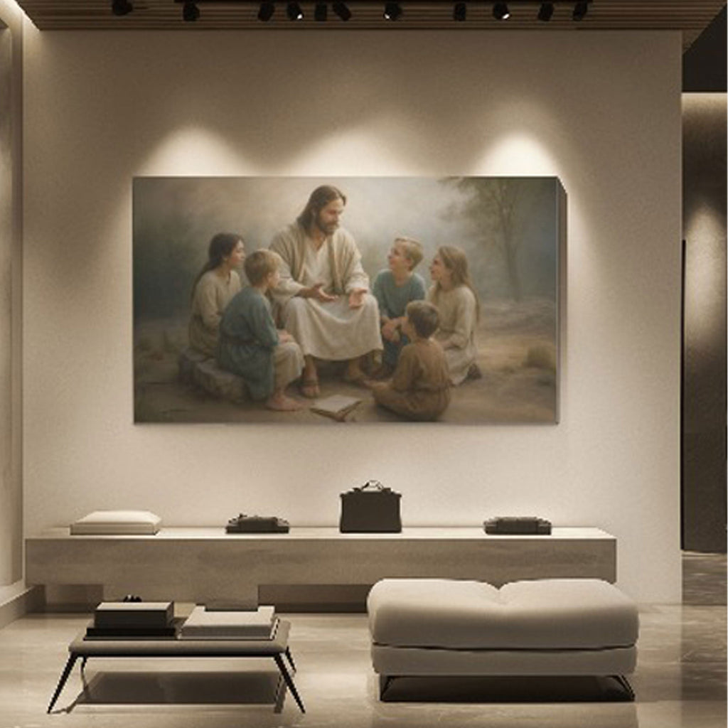 Framed wall art of Jesus teaching children in a soft, outdoor scene