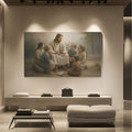 Framed wall art of Jesus teaching children in a soft, outdoor scene