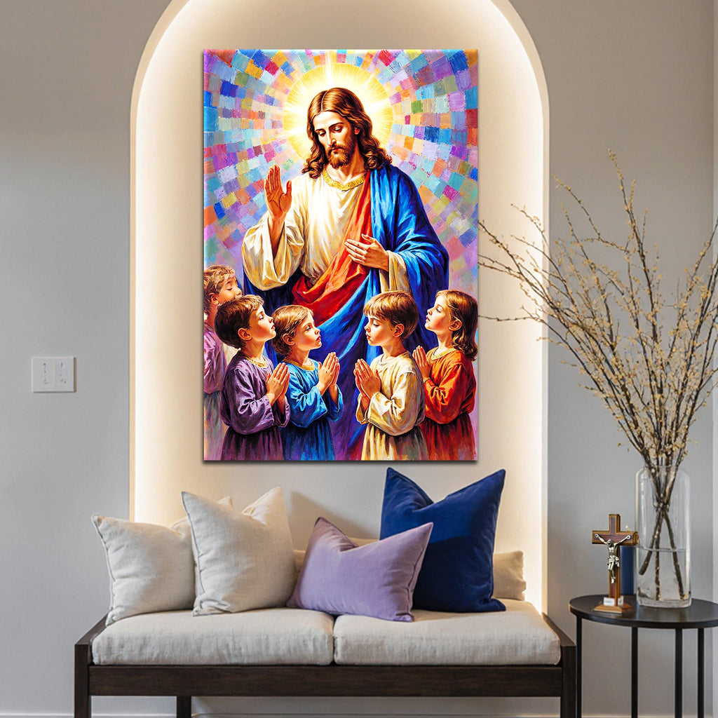 Jesus praying wall art with mosaic rays and four kneeling children, vertical framed print