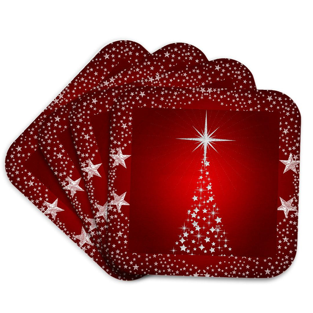 Red star tree coaster set with silver sparkle stars, stacked in a flower-like arrangement