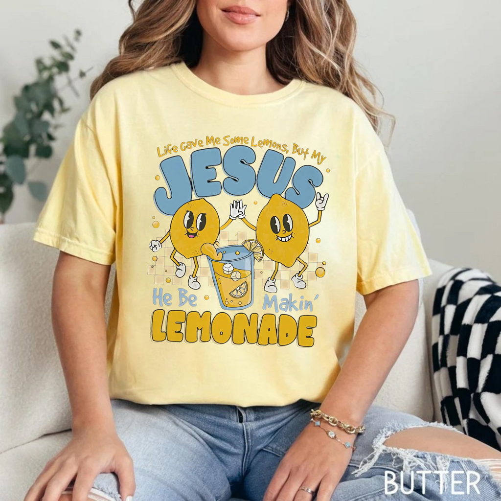 Butter yellow T-shirt with Jesus lemon graphic, short sleeves, crew neck