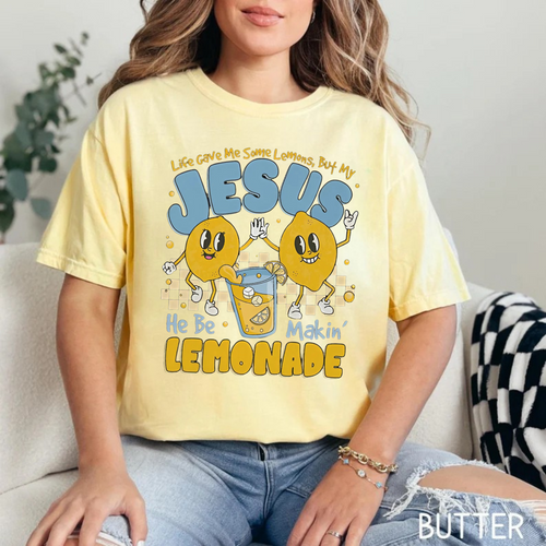Butter yellow T-shirt with Jesus lemon graphic, short sleeves, crew neck