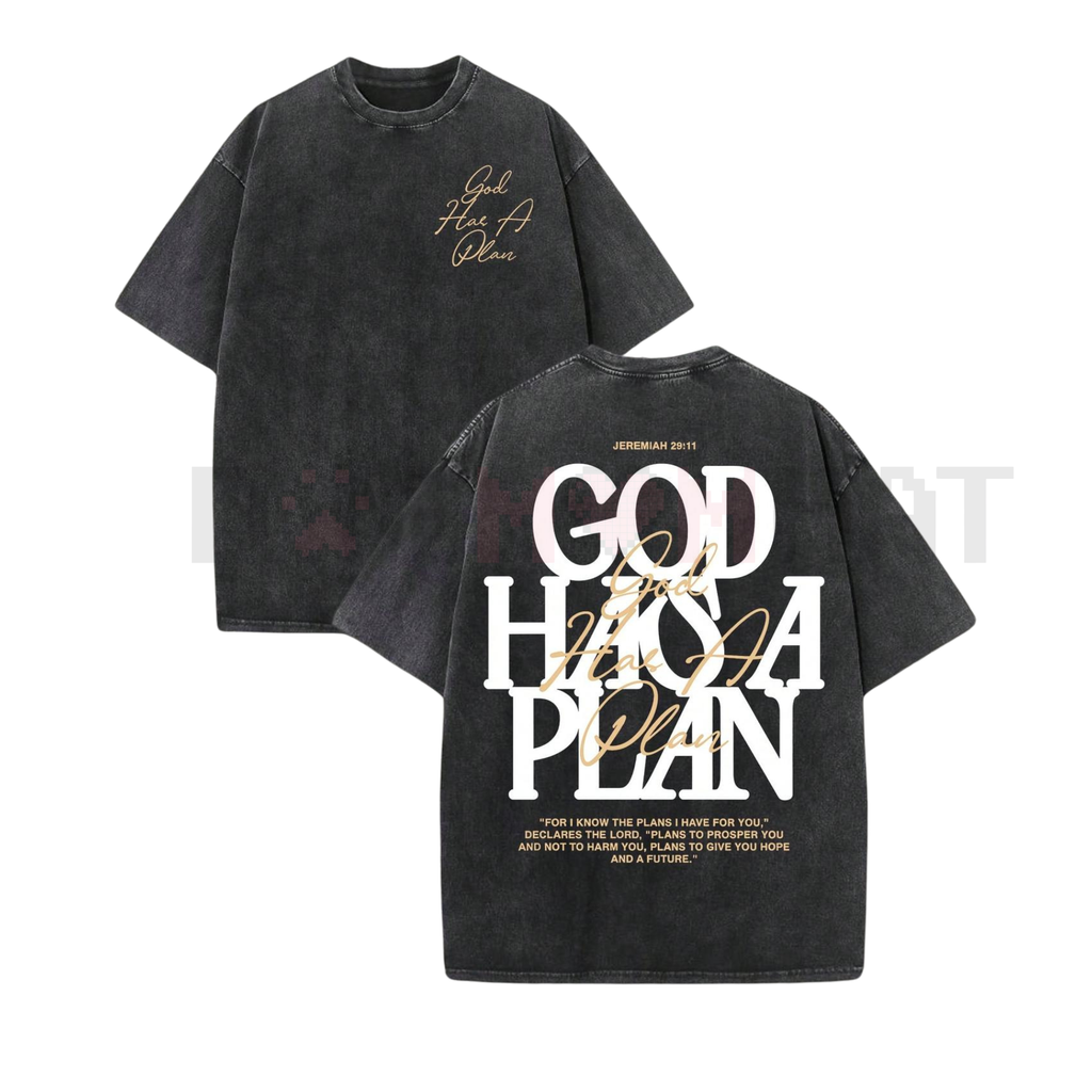 Black washed crew-neck tee with 'God Has A Plan' front and back graphic, short sleeve