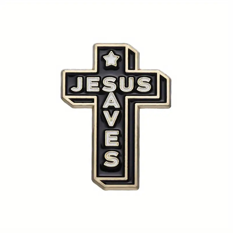 Small cross enamel pin, black with gold trim, star and “JESUS SAVES”