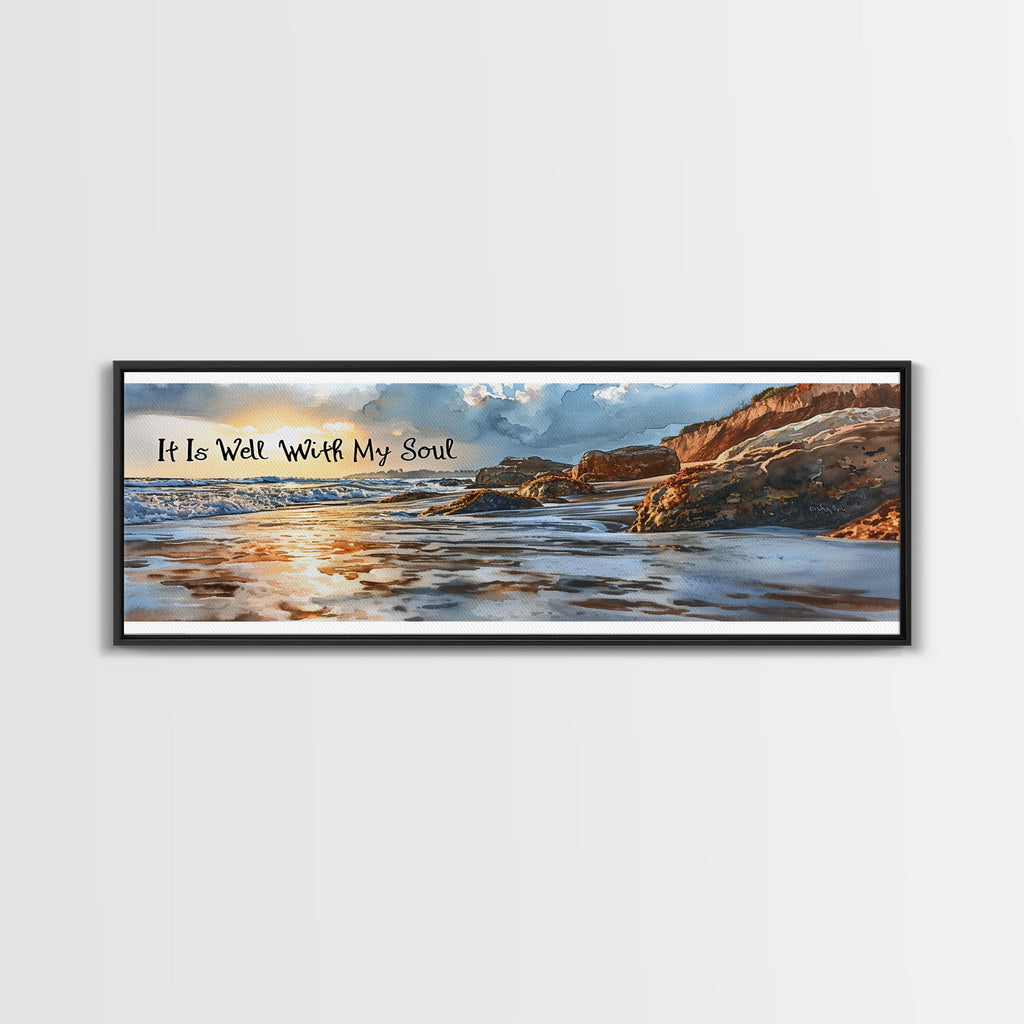 Coastal beach wall art canvas in black frame with scripture text and rocky shoreline