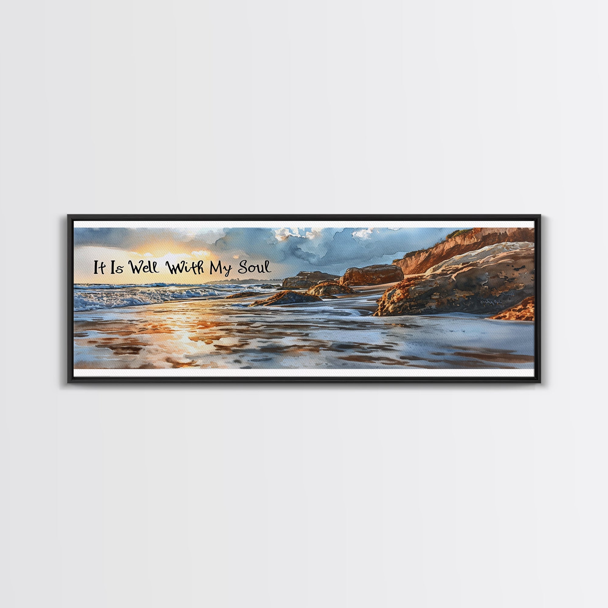 Coastal beach wall art canvas in black frame with scripture text and rocky shoreline
