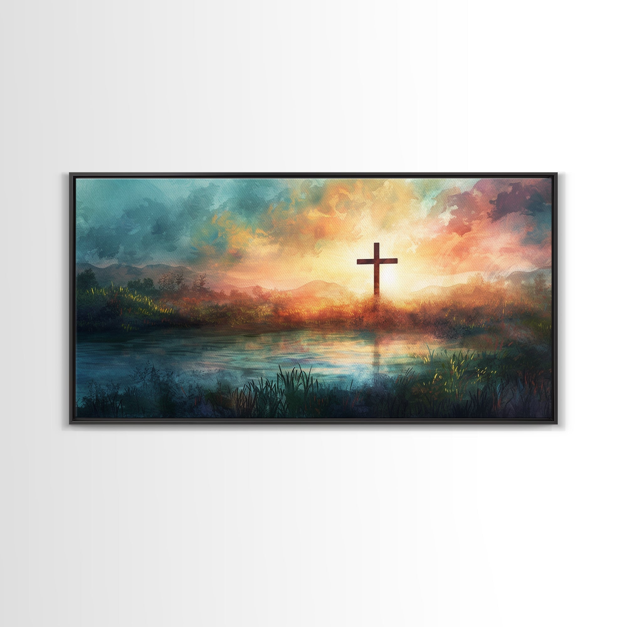Landscape canvas wall art with cross over sunset lake, in dark frame border