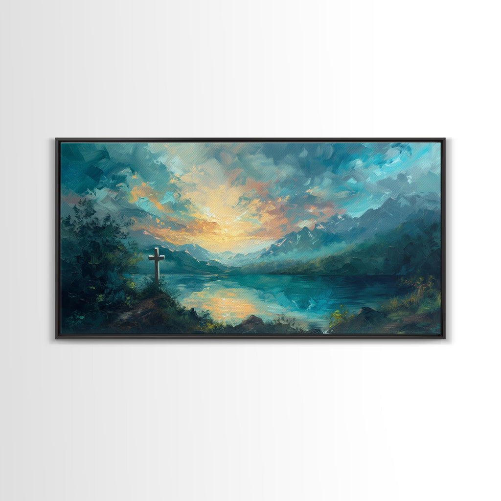 Cross and landscape framed canvas wall art with black frame and glowing sunset light