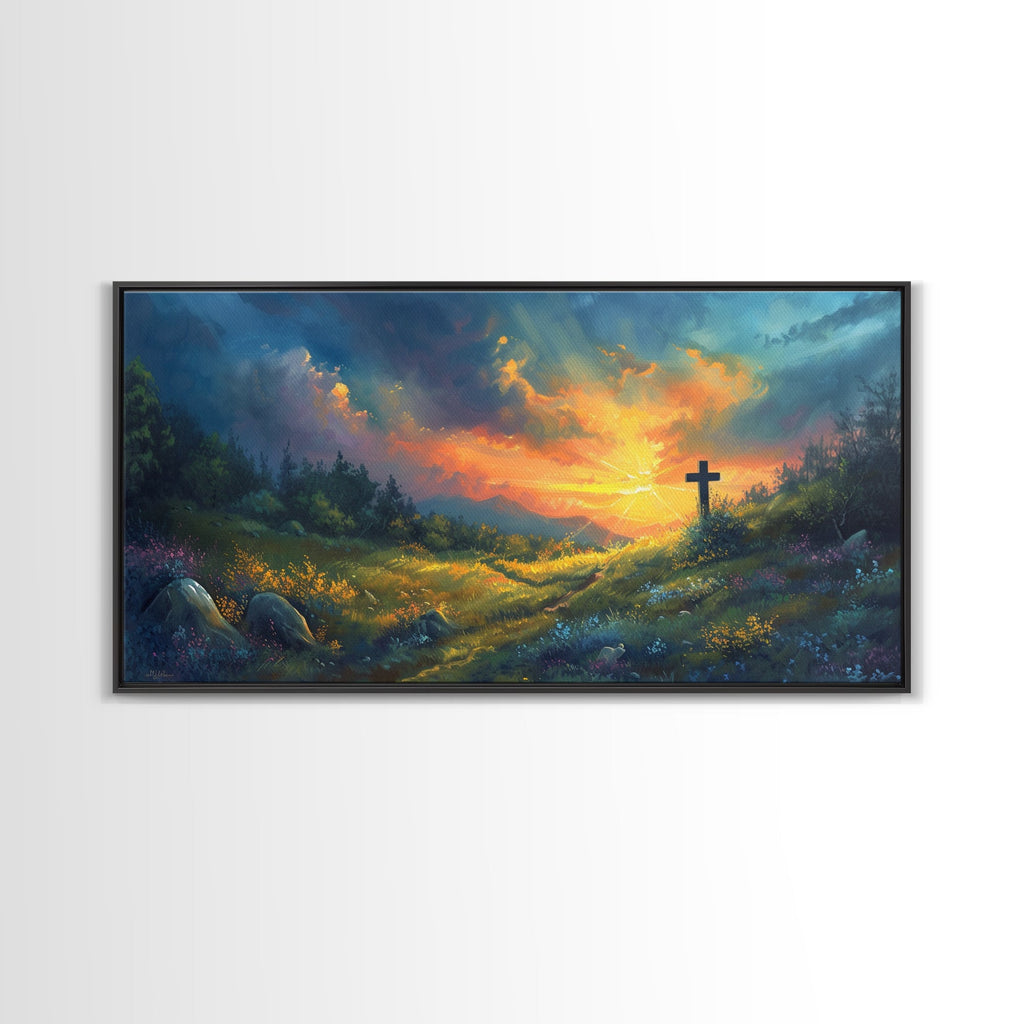 Christian framed canvas wall art with a dark cross and radiant sunset through hills