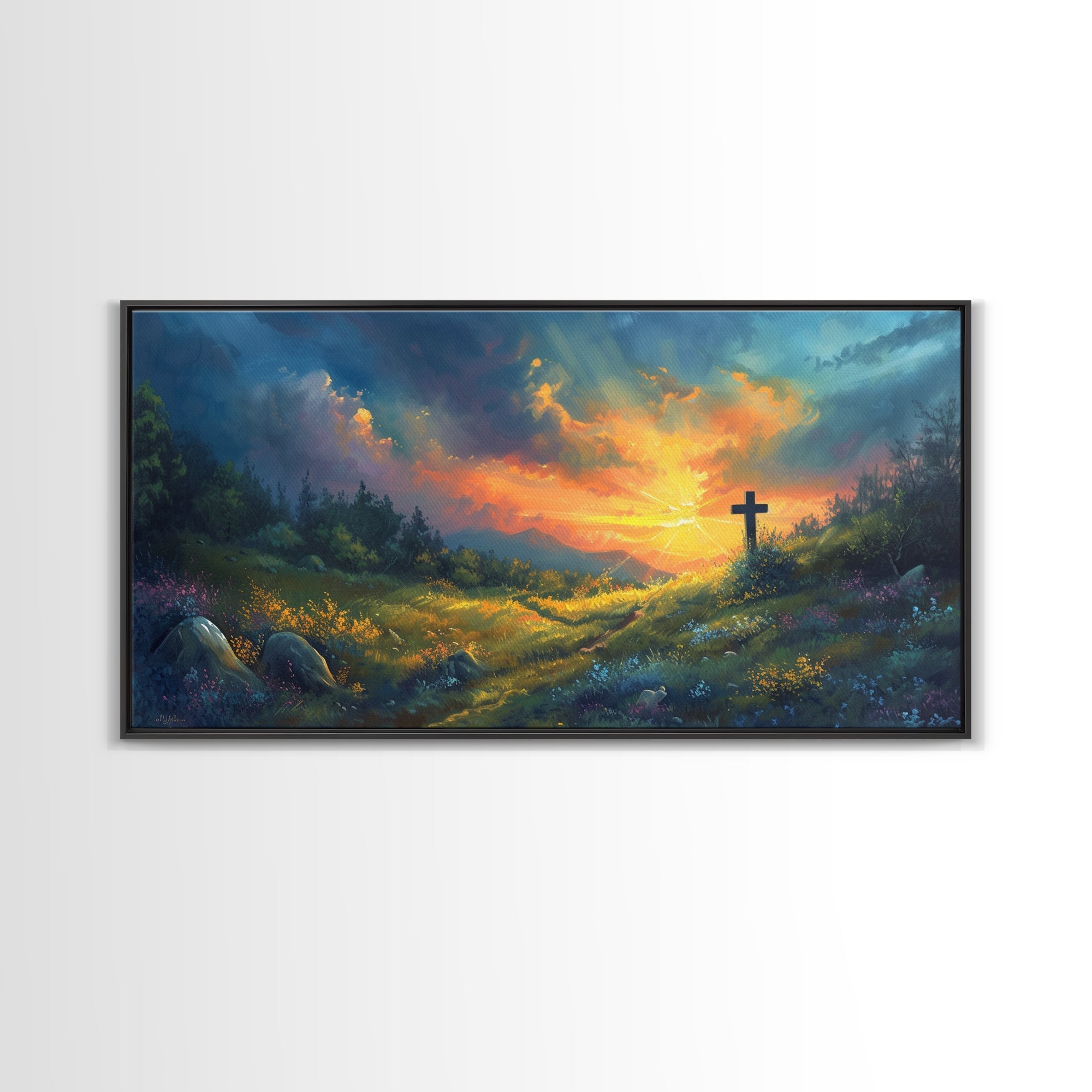 Christian framed canvas wall art with a dark cross and radiant sunset through hills