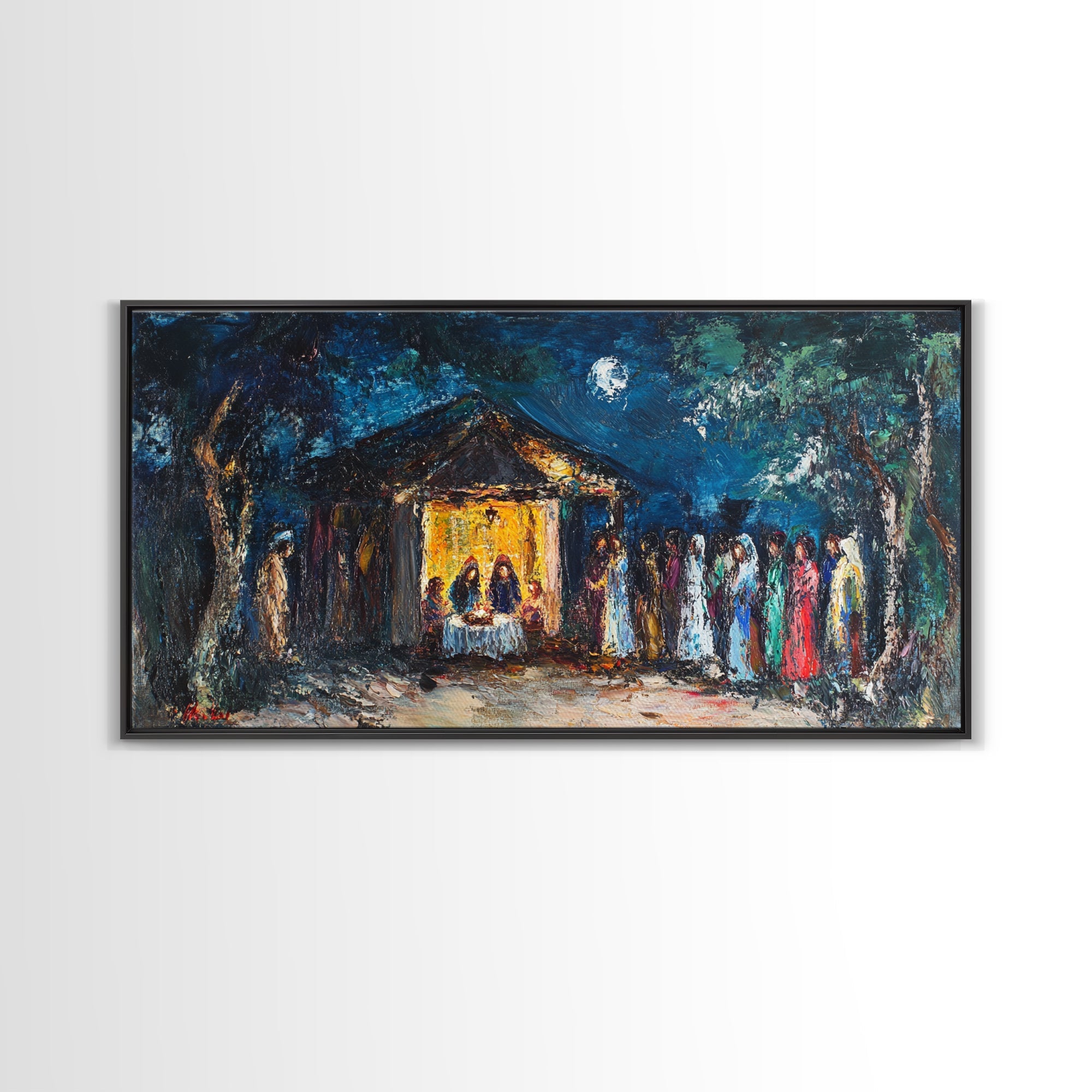 Framed canvas print with textured blue sky, yellow-lit building, and colorful figures along path