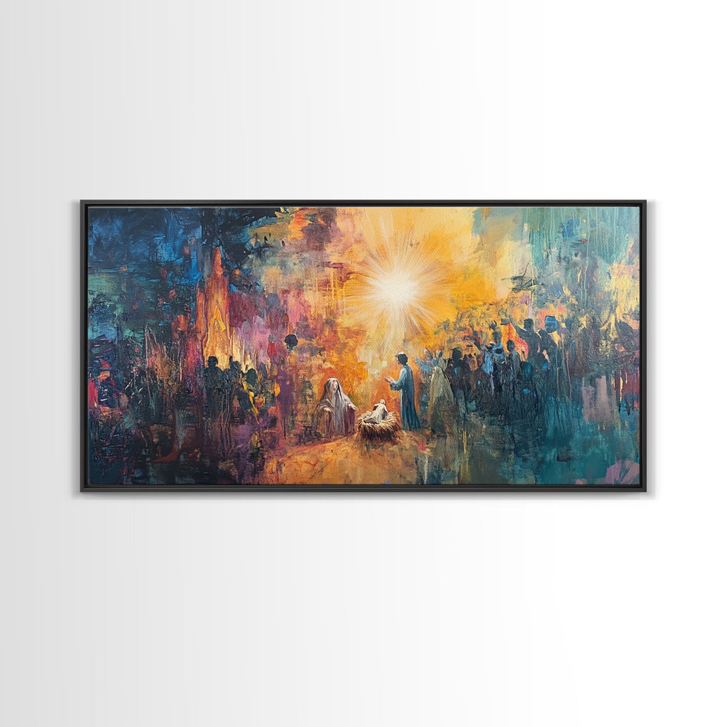 Nativity canvas print in black frame with radiant star glow and nativity figures in town