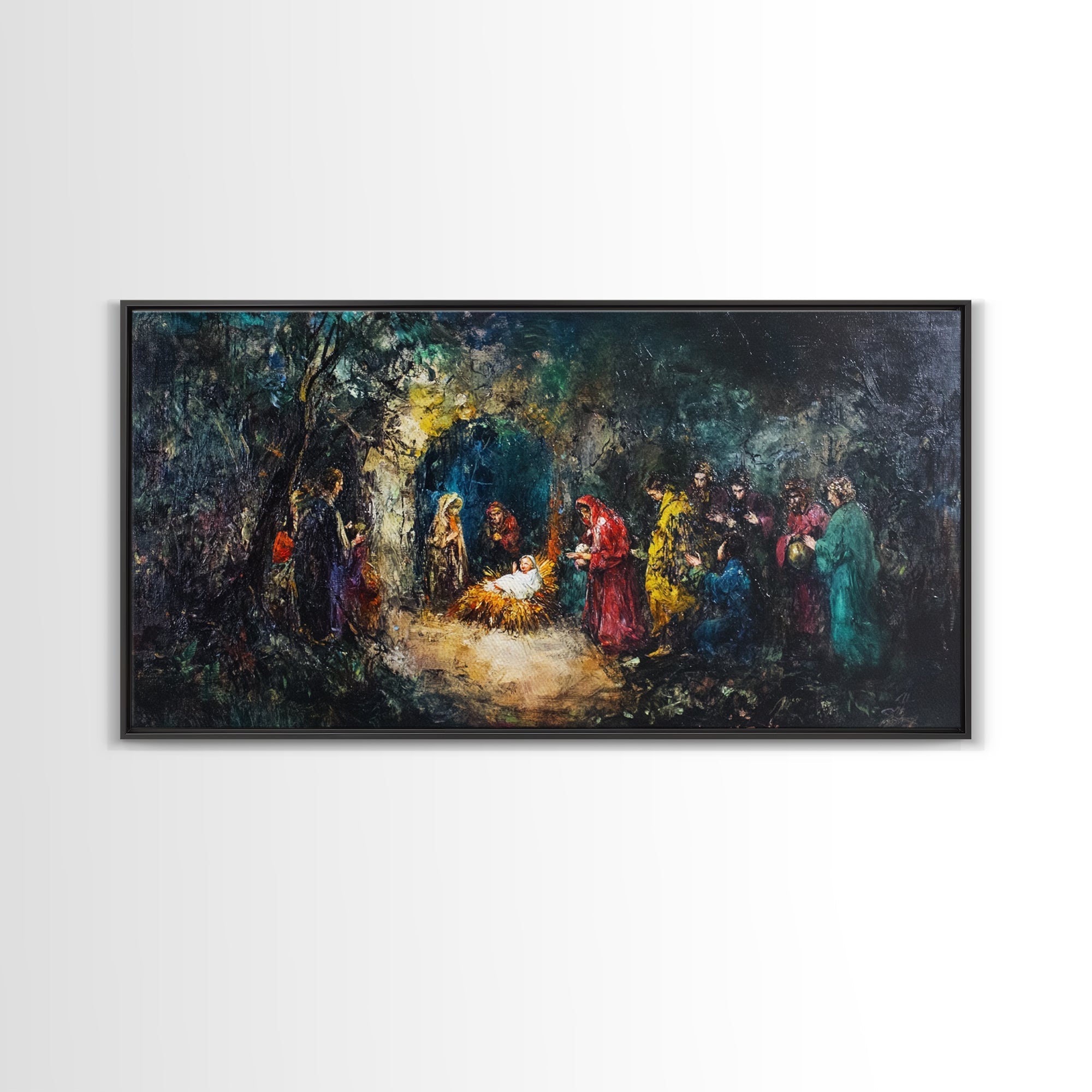 Framed abstract nativity painting print with colorful figures and glowing center on dark canvas
