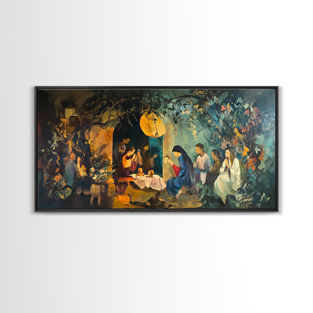 Nativity canvas wall art with dark frame, glowing angel above manger and shepherds