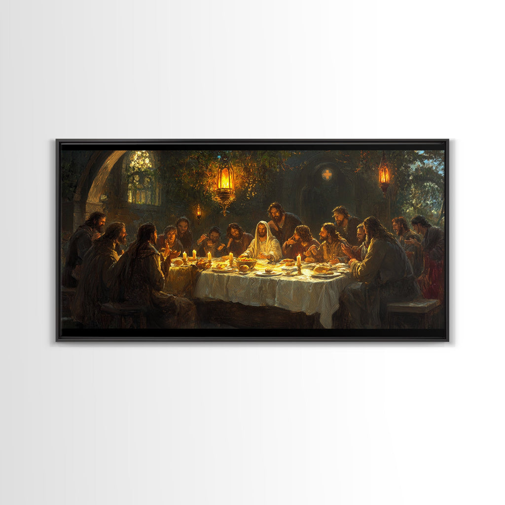 Framed canvas print of The Last Supper, black frame, diners around a candlelit table