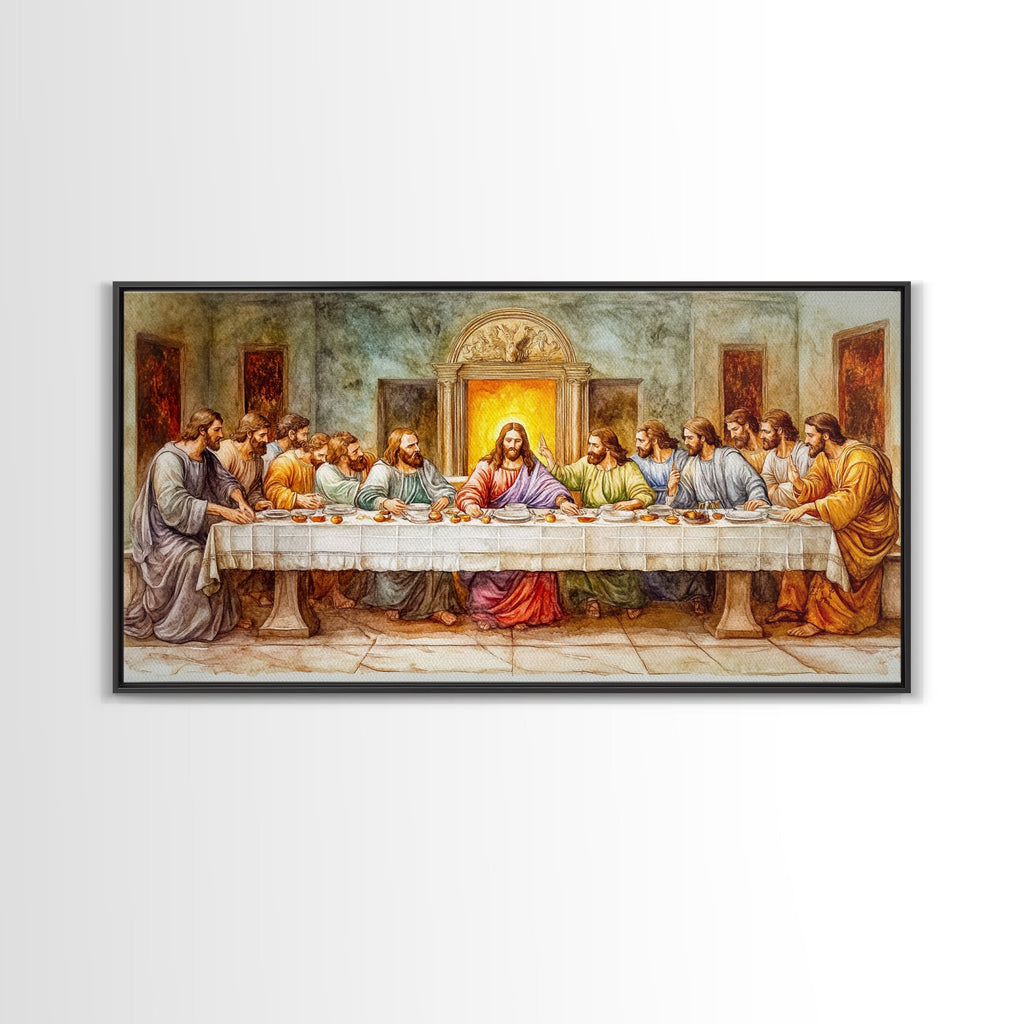 Framed canvas print showing The Last Supper table with Jesus in the middle