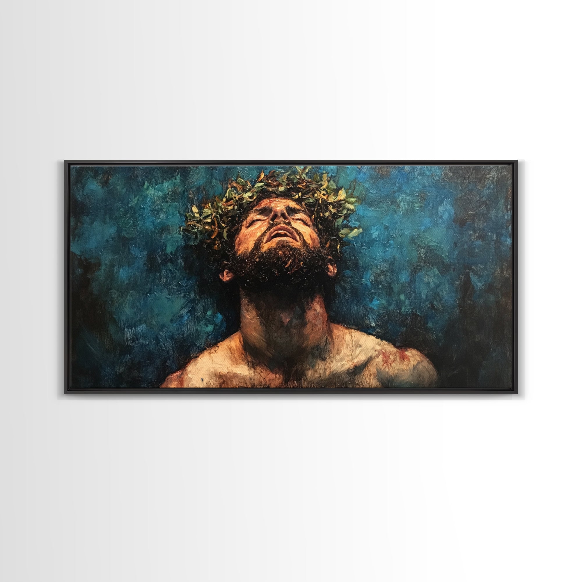 Horizontal Jesus Christ crown of thorns canvas wall art in black frame